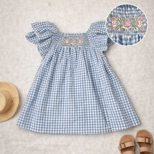 Janie and Jack Blue Gingham Smocked Dress 12-18 Months Floral Embroidery